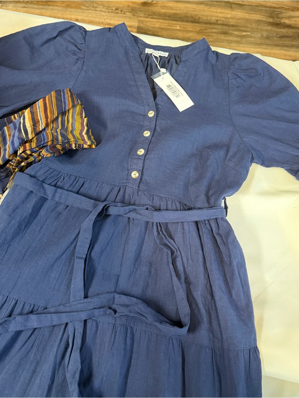 Baltic Born Camille Maxi Navy Tiered Dress with Striped Scarf Women’s Medium - Picture 5 of 8
